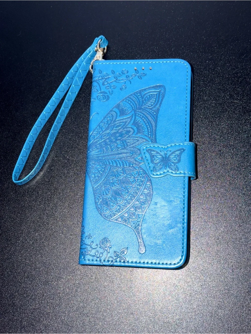 Blue Butterfly Wallet Phone Case with Wrist Strap